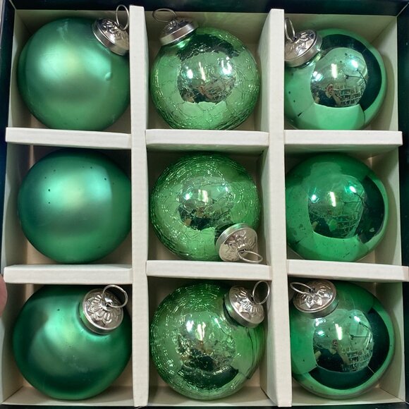 Set of 9 Kugel Style Green Mercury Glass Christmas Ornaments Crackled Matte New - Picture 6 of 7